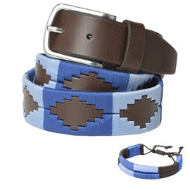 PELPE Argentine Leather Belt with Matching Cord and Leather Wristband Embroidered Leather Belt for Men and Women Argentine Polo Belt, blue