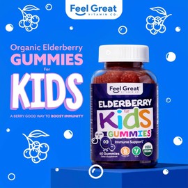 USDA Organic Elderberry Gummies for Kids | Immune Support with Zinc & Vitamin C | Gluten-Free & Vegan Children's Vitamins - 60 Gummies | Sambucus Nigra Supplement