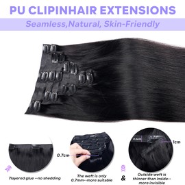 Pobokix Seamless Clip In Hair Extensions Real Human Hair Extensions Straight 8Pcs Invisible PU Skin Weft with 18Clips 120g 14inch Natural Black