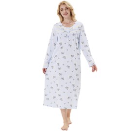 Keyocean Cotton Women Nightgowns, Soft Warm Comfortable Lightweight Long Sleeves Ladies Nightdress, Jasmine Floral on Light Blue, Large