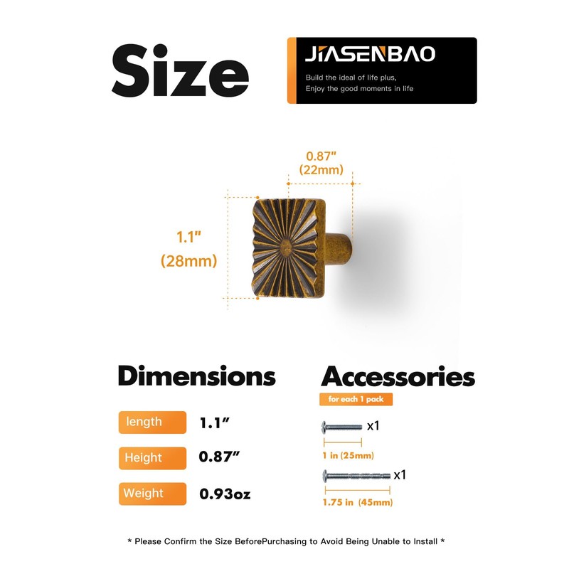 JIASENBAO 2 Pack Antique Brass Cabinet Knobs Square Vintage Drawer