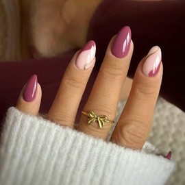 30 Pcs Spring Press on Nails Short Almond - MINGCHUN Extra Short Fake Nails Press ons Acrylic Nail Art Tip Kit French Simple Lines Design Full Cover Bean Paste Red False Nails Glue on Nails for Women