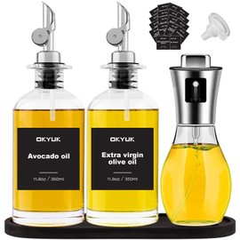 OKYUK Olive Oil Dispenser Bottle & Oil Sprayer for Cooking, Oil and Vinegar Dispenser Set, with Bamboo Tray, 20 Labels, Coffee Syrup Dispenser Oil Bottles for Kitchen