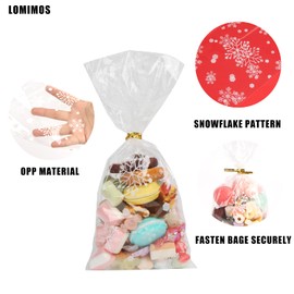LOMIMOS 120pcs Christmas Cellophane Treat Bags,Clear Plastic Candy Cookie Packing Bags with Twist Ties for Winter Holiday New Year Xmas Party Supplies(Snowflakes)