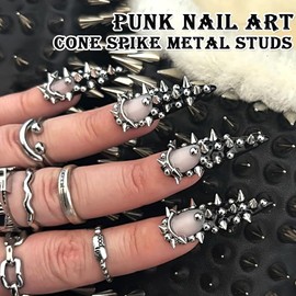 3D Mini Metal Punk Nail Art Studs Mixed Sizes Silver Black Cone Spike Metallic Studs Nail Rivets Jewelry Punk Style Nail Charms for Women DIY Crafts Manicure Supplies Accessories