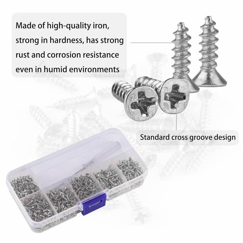 Roosea Pack of 1000 Small Self-Tapping Screws Metal M2 Wood