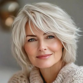 Dsimeig Women Short Layered Bob Wig with Bangs Synthetic Halloween Cosplay Hair Wig,Cream White