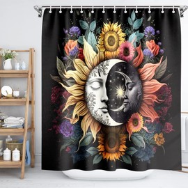 Reateforin Boho Mid Century Shower Curtain Celestial Sun Moon Love Stars Fantasy Galaxy Mushroom Shower Curtains Sunflower Plant Hippie Hip Hop Cool Colorful Bathroom Curtain Set with 12 Hooks 72"x72"
