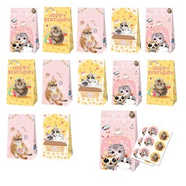 YYQIKESPECT - Bolsas de regalo para fiestas de cumpleaños con temática de gato para niños, gatitos, bolsas de papel con calcomanías