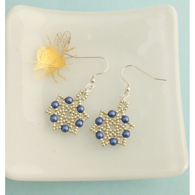 Silver and Midnight Blue Beaded Dangle Earrings