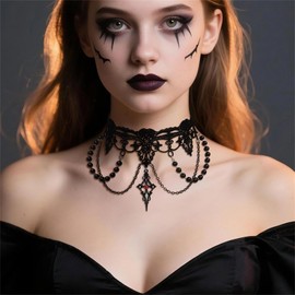 Gothic Lace Choker Necklace for Women,Vintage Red Black Crystal Pendant Necklaces Punk Style Vampire Necklace Hollowed Out Layer Necklaces Halloween Jewelry Accessories (Black8)
