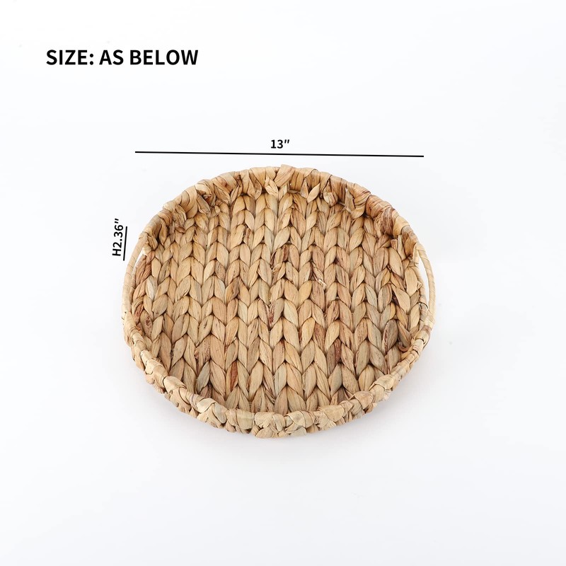 YRMT Water Hyacinth Serving Tray Round Woven Tray with Handles