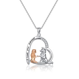 CUPENDA Wolf Necklace Sterling Silver Wolf with Girl Heart Pendant Necklace Animal Wolf Jewellery Valentine's Day Gift for Women Girlfriend