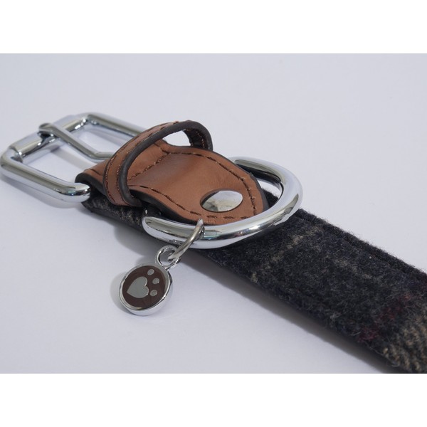 Rosewood Luxury Leather Dog Collar, Tartan Tweed Check