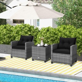 HAPPYGRILL 3 Pieces Patio Conversation Set, Outdoor Furniture Set PE Rattan Sofa Set with Removable Cushions, PE Wicker Chairs with Tempered Glass Side Table for Porch Lawn Garden Balcony Backyard