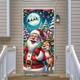 Saoplasa Merry Christmas Door Banner 35x71 Inch Santa Claus and Reindeer Holiday Front Door Cover with Snowy Background Winter Christmas Porch Decorations for Indoor Outdoor Xmas Party Decor