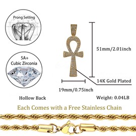 TOPGRILLZ Ankh Cross Necklace for Women Gold Cross Necklace for Men Rope Pendant Necklace Iced out 14K Gold Plated 24 Stainless Steel Chain Birthday Gift