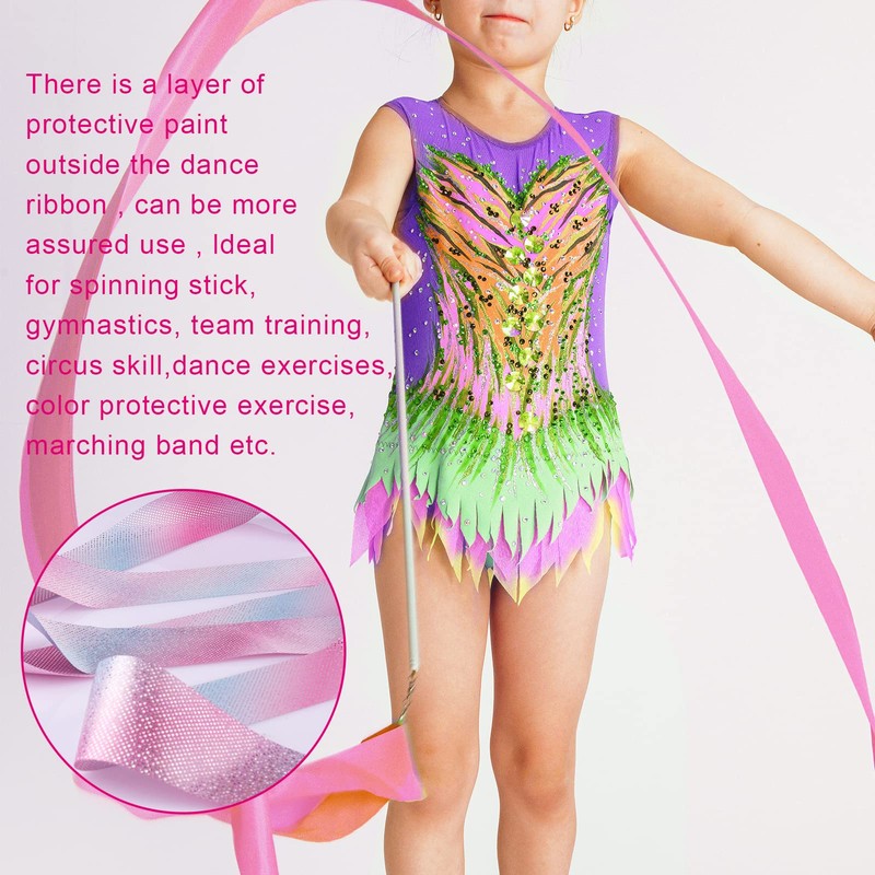 AIEX 4 Pcs Dance Ribbons, Sparkling Pink Gymnastics Ribbon Wand