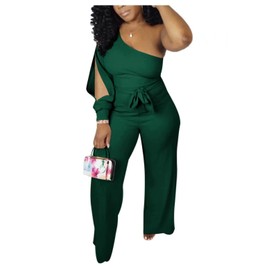 Aro Lora Women's Sexy One Shoulder Slit Sleeve High Waist One Piece Pant Outfit Wide Leg Jumpsuit Romper Medium Dark Green