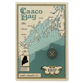 Lantern Press 10x15 Inch Wood Sign, Ready to Hang Wall Decor, Casco Bay, Maine, Nautical Chart