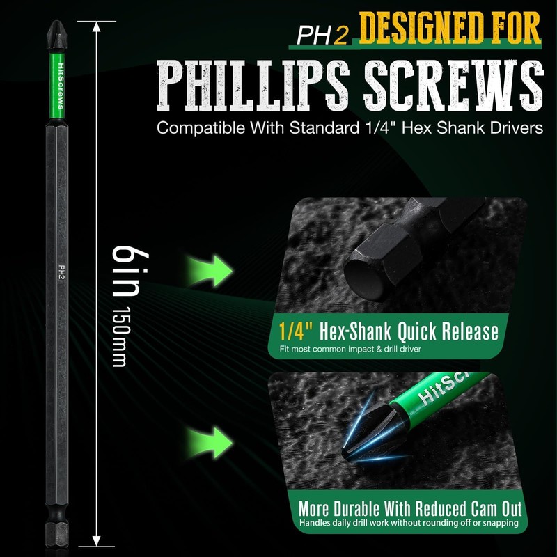 Hitscrews PH2 Phillips Bits #2 – 10 Pack 6" Extra