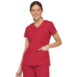 Dickies Women's EDS Signature V-Neck Top with Multiple Patch Pockets, Red, X-Large