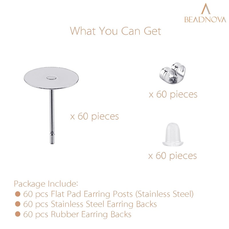 BEADNOVA Earring Hardware 180pcs 4mm Stainless Steel Earring Posts Flat