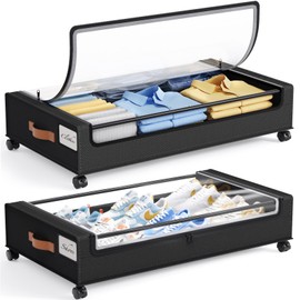 Yecaye Under Bed Storage with Wheels, 2 Pack Under Bed Storage Containers, Under Bed Shoe Storage with Clear Window & Label, Rolling Under Bed Metal Drawer for Clothes, Shoes,Toys, Books, Black