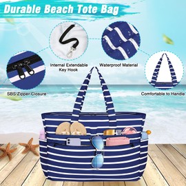 WACCET XXL Family Beach Bag, Large Waterproof Beach Bag for Women, with Zip, Foldable Lightweight Swimming Bag with Multiple Pockets, Beach Bag, Tote Bag for Beach, Travel, Holiday, Pool, Dark blue