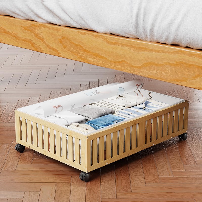 Landmok Bamboo Under Bed Storage Containers with Wheels, 40L UnderBed