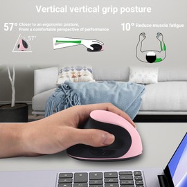 Ergonomic Mouse, Wireless Vertical Mouse, Rechargeable Wireless Mouse,2.4GHz Optical Mouse : 3 Adjustable DPI 800/1200/1600 Levels 6 Buttons, for Laptop PC Computer Desktop Notebook (left-pink)