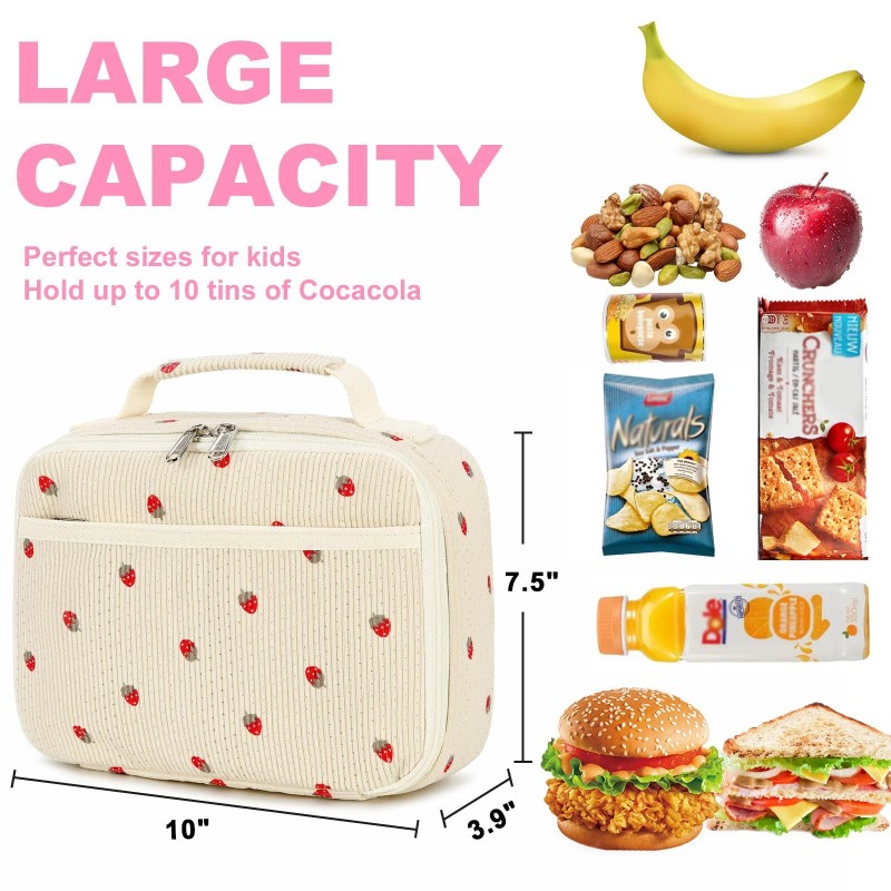 Bluboon Beige Corduroy Strawberry Lunch Box Insulated Cooler Bag for