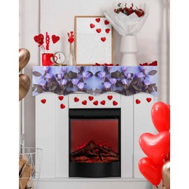 Mantel Scarf Rose Blossom Valentines Day Fireplace Mantel Scarf Cover Romantic Purple Floral Fireplace Cloth Table Runner Decoration for Home Living Room Valentine's Day, Anniversary 60 x 17 in