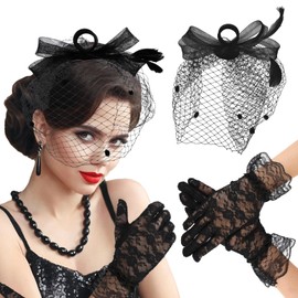 WLLHYF Fascinator Hat Feather Veil Mesh Headband with Short Lace Gloves 1920s Tea Party Hat for Women Hair Clip, black
