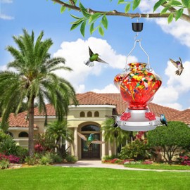 Hummingbird Feeder for Outdoors with Ant Moat, XAROO Hummingbird Feeder, Hand Blown Twisted Glass, 4 Bee Guard Feeding Ports with Perch, Outdoor Garden Décor, 16OZ, Red