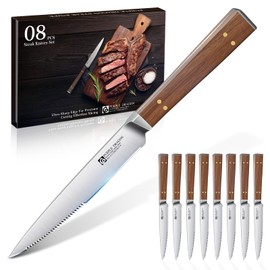 Purple Dragon Serrated Steak Knives Set of 8 - High Carbon German Steel Steak Knife Set with Square Wooden Handle - Effortless Cutting, Ideal for Dining or Gifts