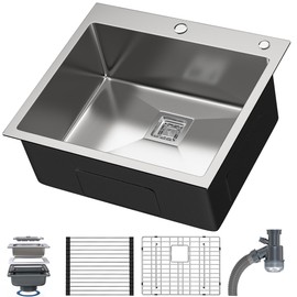 SYNTHACY Drop In Kitchen Sink 25 x 22 x 10in, Stainless Steel 304 Silver Single Bowl Handmade Top Mount Countertop Sink w/Grid, Square Drain, Foldable Roller for Workstation, Home Kitchen, Bar, RV