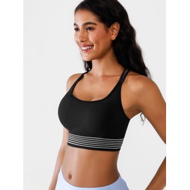 BRXL Strappy Longline Sports Bra for Women Low Impact Padded Double Spaghetti Strap Workout Athletic Yoga Gym Crop Top Black