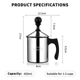 MERMOO YILAN Manual Milk Frother 400 ml Stainless Steel Perfect Milk Foam Thanks to Double Strainer and Special Push Mechanism for Latte, Cappuccino, Easy to Clean, Perfect for Travel