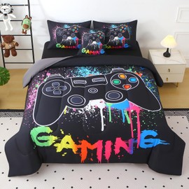 JQinHome Twin Gamer Comforter Sets for Boys,6 Piece Bed in A Bag 3D Video Gamer Bedding -All Season Microfiber Gaming Bedding Set for Kids, with Sheet Sets (Black Gaming)