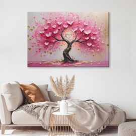 Large Pink "Tree of Life with Love" Canvas Wall Art Prints | Abstract Modern Boho Wall Decor Pictures | Handmade Floral Pink Gold Spiritual Artwork for Living Room, Bedroom, Kitchen, Office (30 x 20)