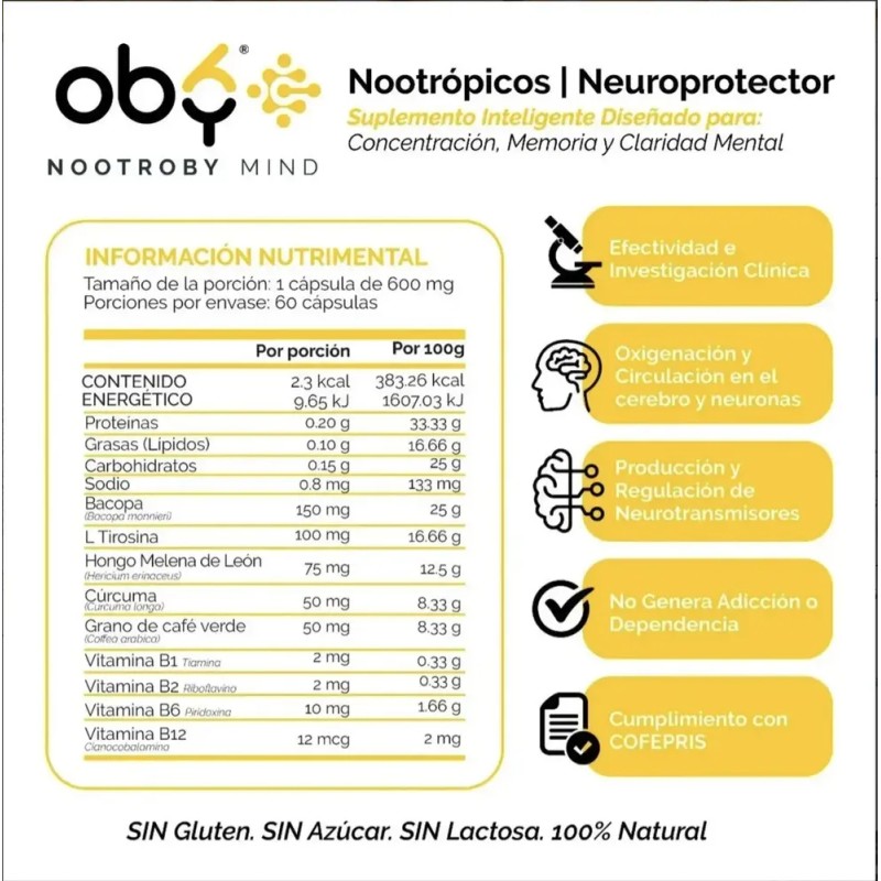 Nootropicos Neuroprotector Con Hongo Melena Leon, L Tirosina, Complejo Vitamina