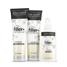 John Frieda ULTRAfiller+ Thickening Bundle, Shampoo, Conditioner, & Spray for Fine, Thin Hair, Thicker, Fuller Hair in 1 Wash, With Hyaluronic Acid