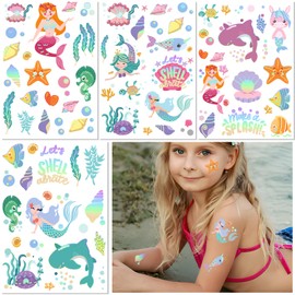 Mermaid Glitter Temporary Tattoos for Kids Gift, 4 Sheets Bronzing Fake Tattoos，80+ Metallic Styles | Birthday Party Supplies, Sea Creatures Favors, Ocean Animal Design Tattoos for Boy and Girls