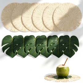12Pcs Placemats and Palm Placemat, Green Straw Leaf Table Mat, Raffia Tropical Hawaiian Luau Palm Leaf Placemats Bulk, Silk Monstera Tree Tropical Leaves Mat for Summer Party Dining Tables