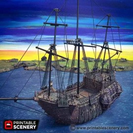 Tabletop Terrain Black Ship - Pirate Ship - Tabletop Terrain Miniature Terrain Wargaming - 20mm with extras