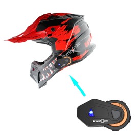 1Storm Adult Motocross Helmet ATV Dirt Bike BMX MX Downhill Mountain Helmet Track Style JH601; Dinosaur Red + Motorcycle Bluetooth Headset