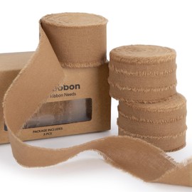 Keypan Fall Ribbon 1" x 15 Yards with Frayed Fringe Fabric Camel Cotton Ribbons for Gift Wrapping Wedding Invitations Flower Bouquet Baby Shower