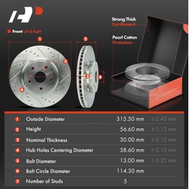A-Premium 12.42 inch (315.5mm) Front Drilled and Slotted Disc Brake Rotors + Ceramic Pads Kit Compatible with Select Subaru Models - Outback 2015-2019, Legacy, Tribeca, B9 Tribeca, WRX, 6-PC Set