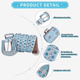 TINIDI Men Women Rhinestones Belt Western Bling Diamond Crystal Studded Leather Belt For Jeans Pants (44: fits waist from 32"-34", Blue-White)